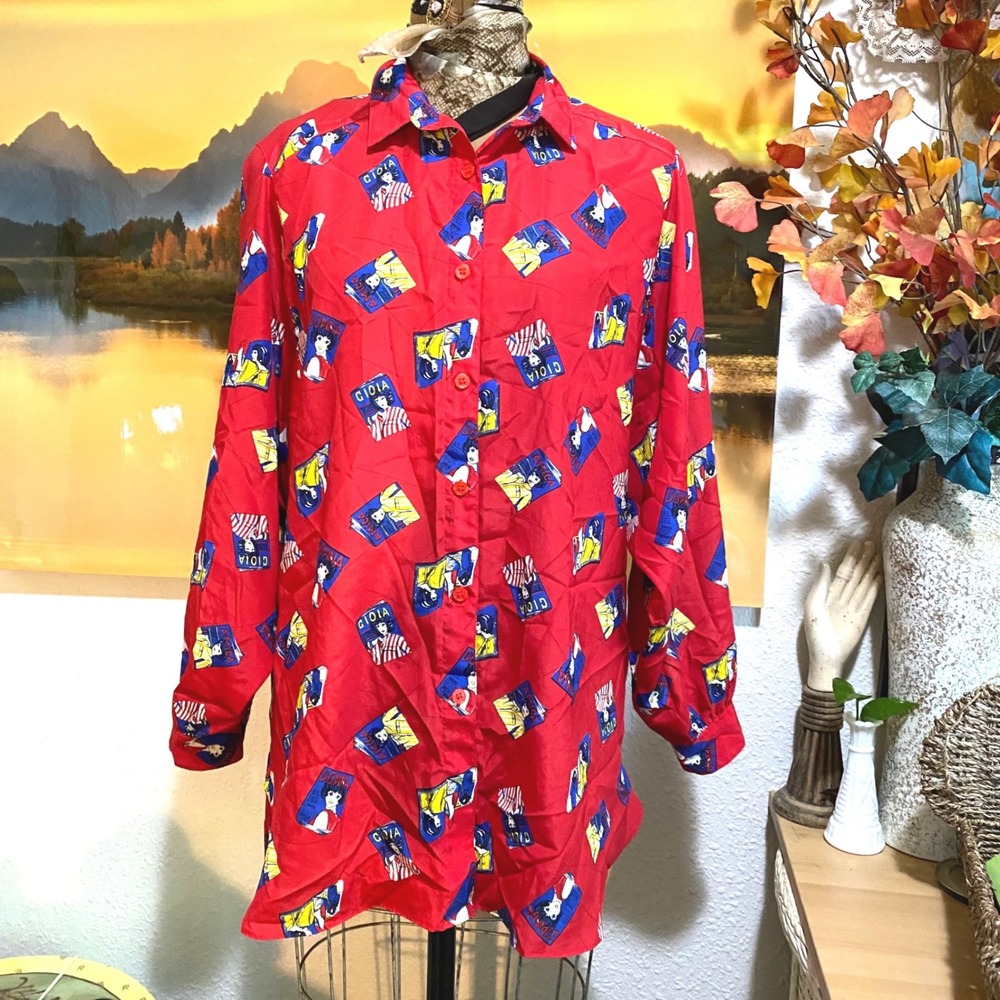 Vtg Lady Shapely Button Down dress Pop Art women Retro Novelty Print 38 M Red